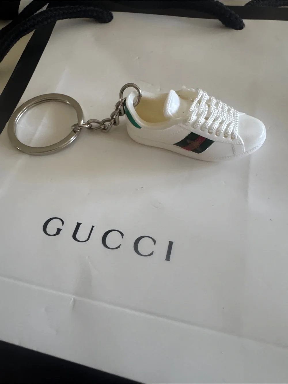 Gucci White Mini Sneaker Keychain with Green-Red Web Stripe